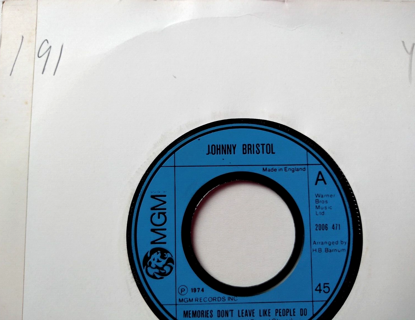Johnny Bristol - Memories Don't Leave Like People Do (MGM 1974) 7" vinyl VG/-
