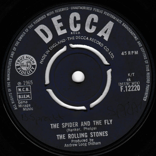 Decca record label for The Rolling Stones' 'The Spider and the Fly' on a black background