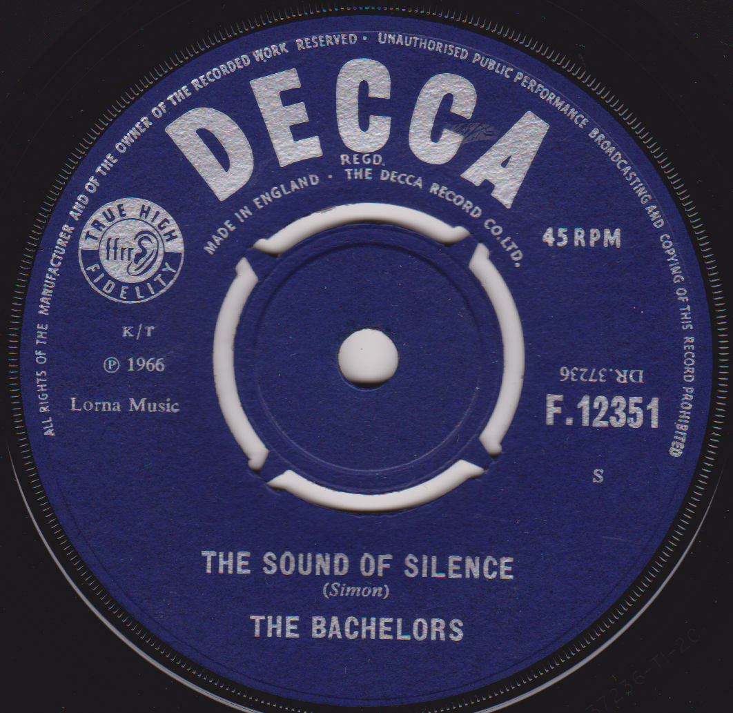 Decca record label for 'The Sound of Silence' by The Bachelors with blue and white design.