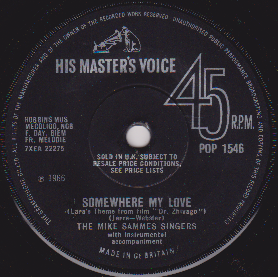 The Mike Sammes Singers – Somewhere My Love (HMV 1966) 7" vinyl single VG/-