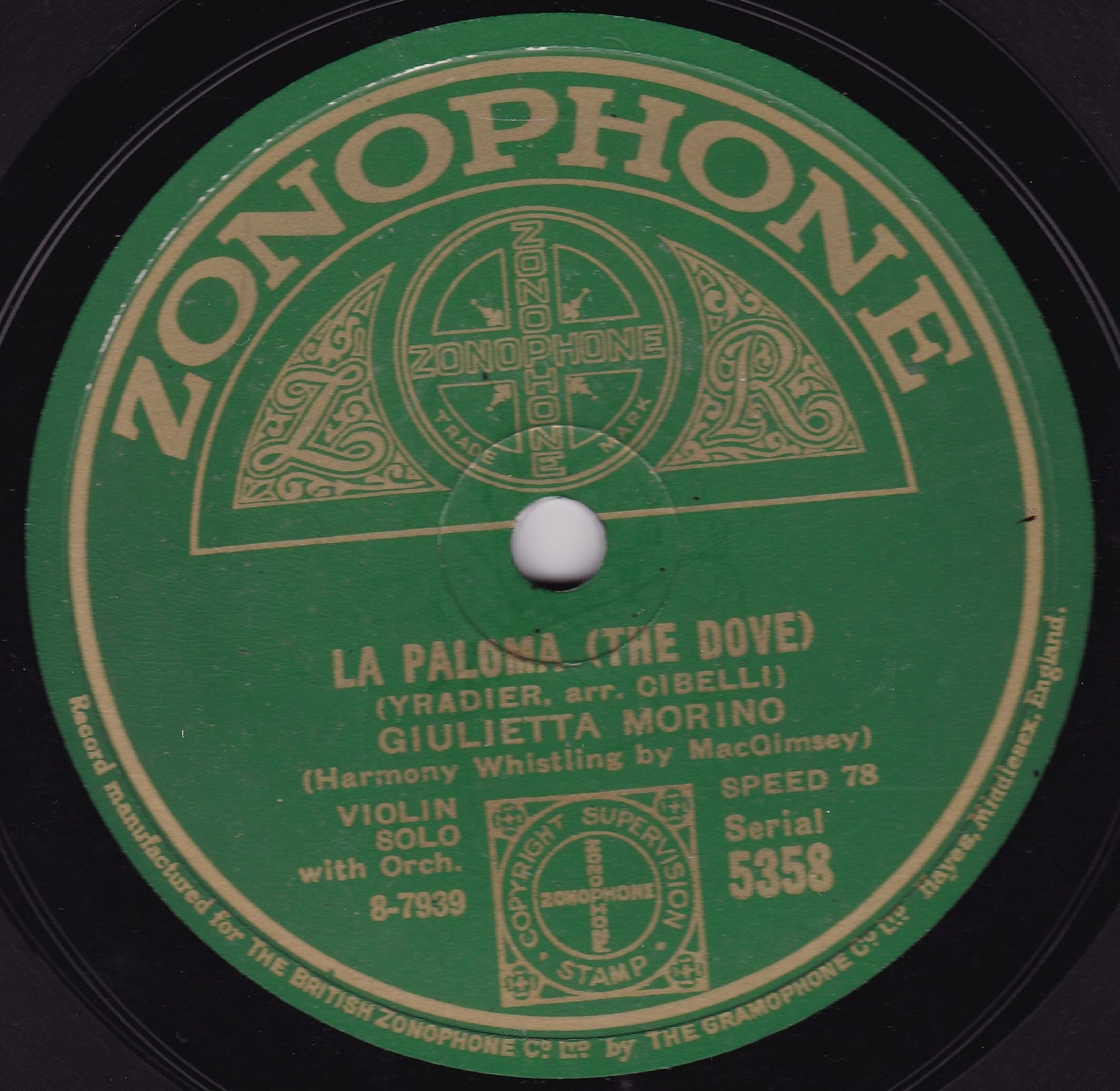 Giulietta Morino – La Paloma (The Dove) (Zonophone 1929) 10" shellac VG/-