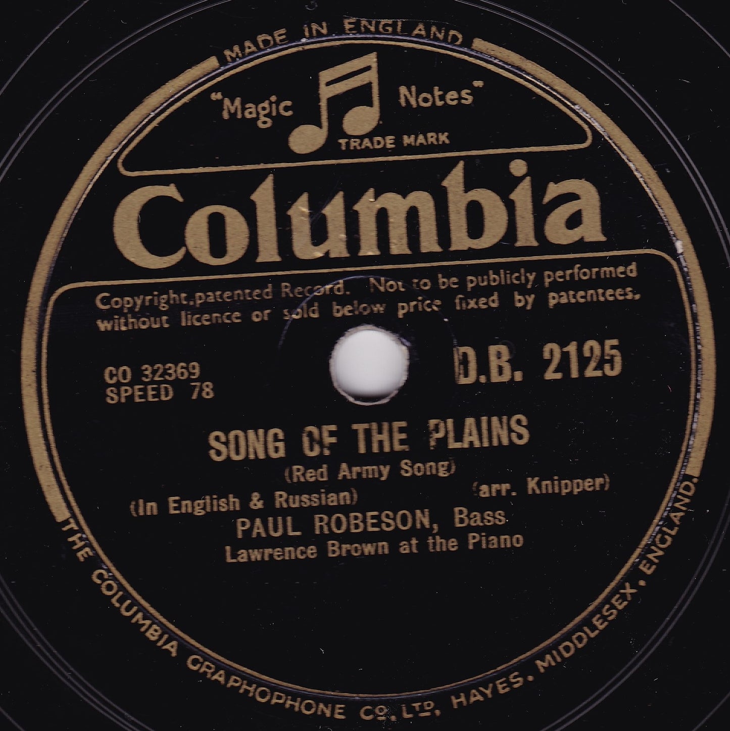 Paul Robeson – Song Of The Fatherland (Columbia) 10" shellac single VG/-