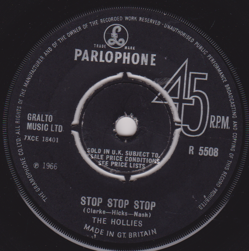 Parlophone 45 RPM record label for 'Stop Stop Stop' by The Hollies