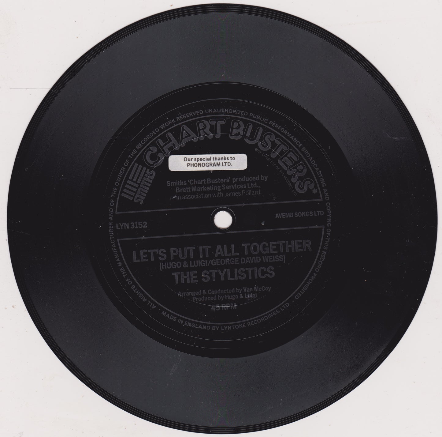 The Stylistics – Let's Put It All Together / Sing Baby Sing (Smiths Crisps 1975) 7" flexi-disc VG