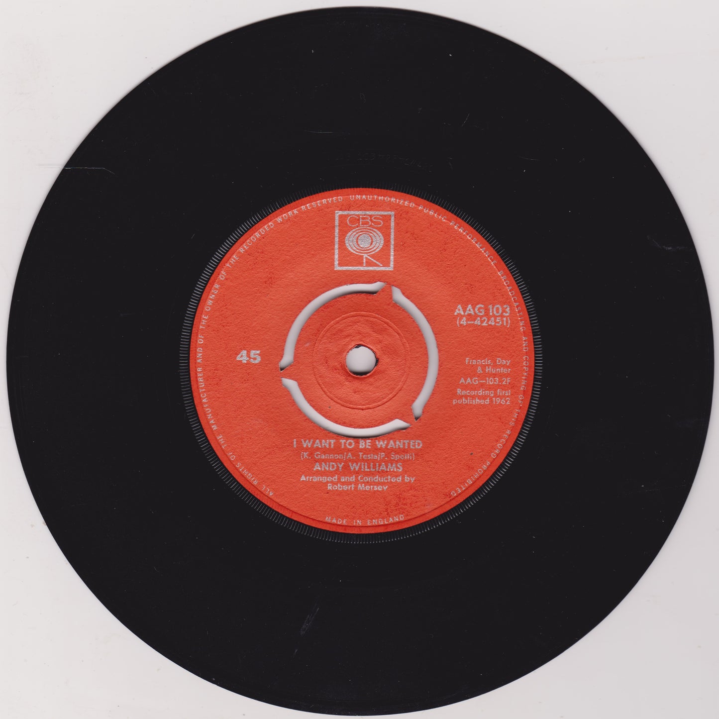 Andy Williams – Stranger On The Shore (CBS 1962) 7" vinyl single VG/-