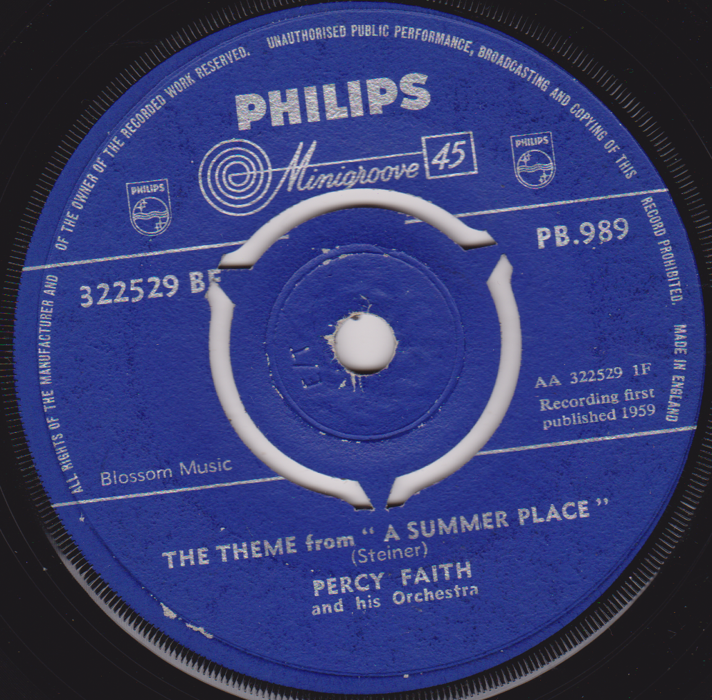 Percy Faith And His Orchestra – The Theme From "A Summer Place" (Philips 1959) 7" vinyl single VG/-