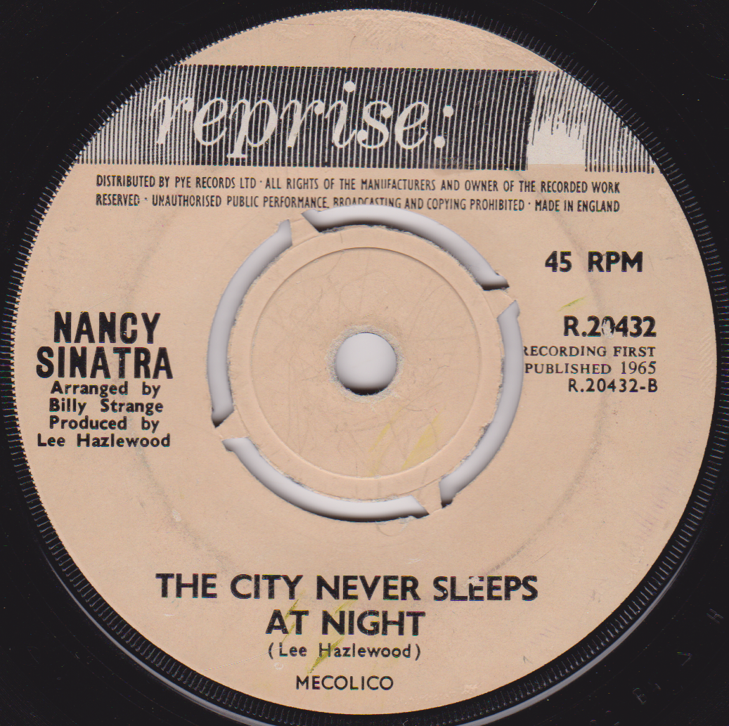 Record label for Nancy Sinatra's 'The City Never Sleeps at Night' on Reprise Records.