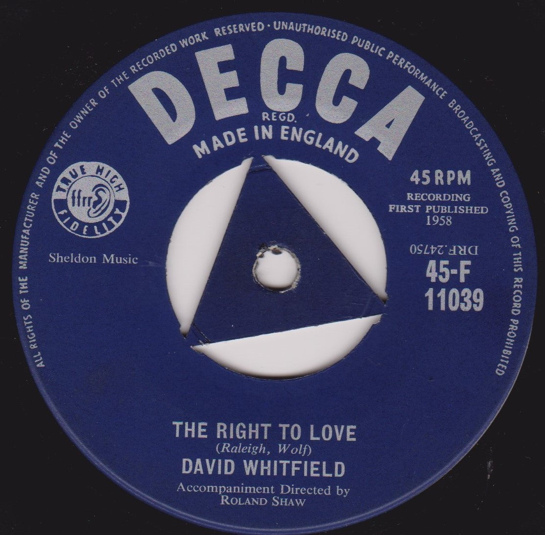 David Whitfield – The Right To Love (Decca 1958) 7" vinyl single VG/-