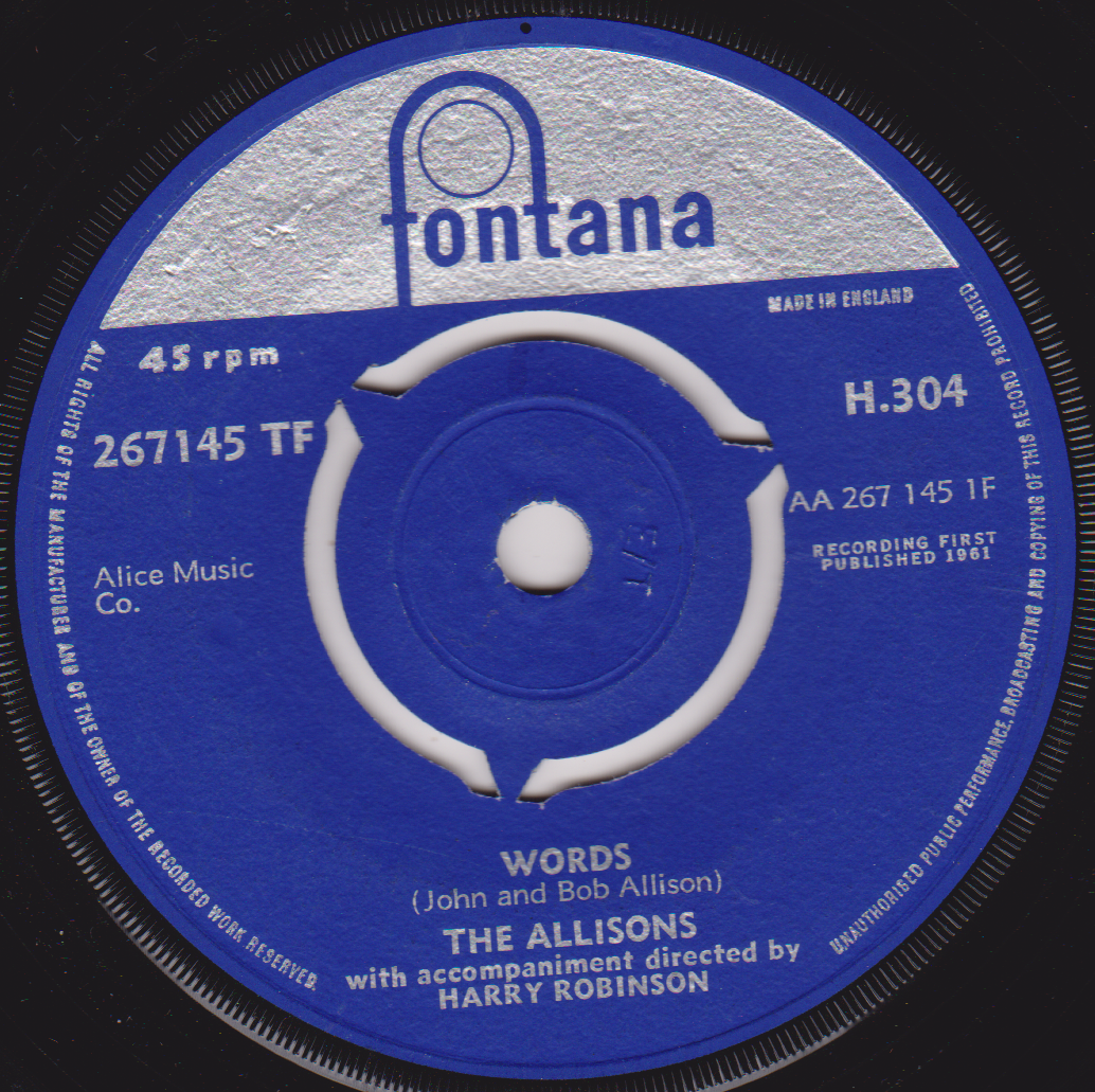 The Allisons – Words (Fontana 1961) 7" vinyl single VG/-