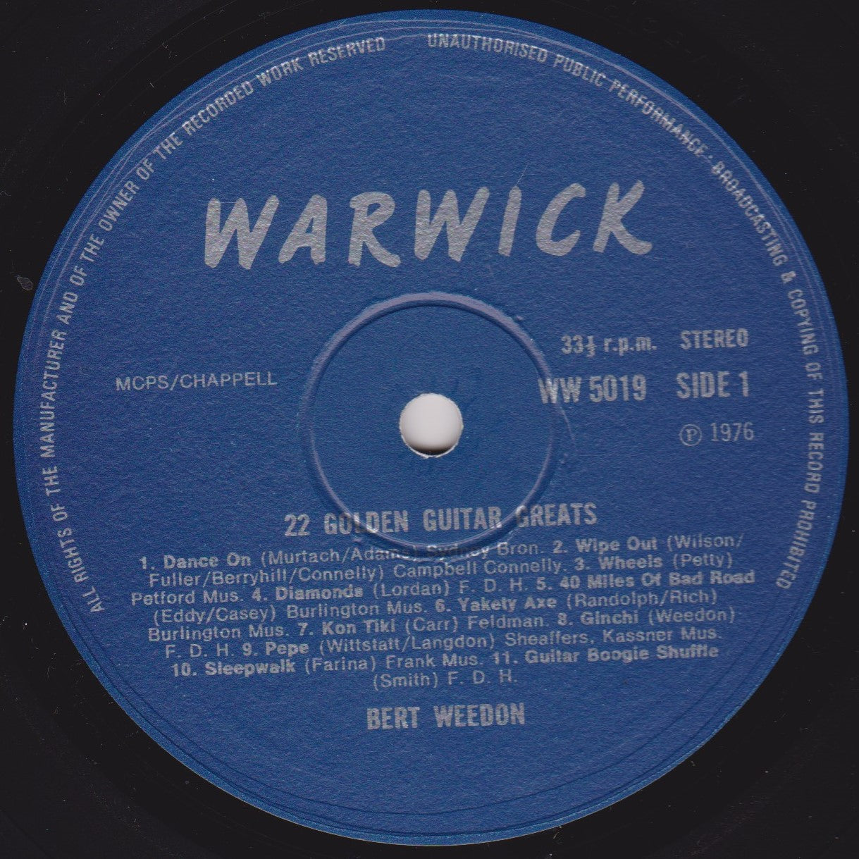 Bert Weedon – Bert Weedon's 22 Golden Guitar Greats (Warwick 1976) 12" vinyl LP VG/VG