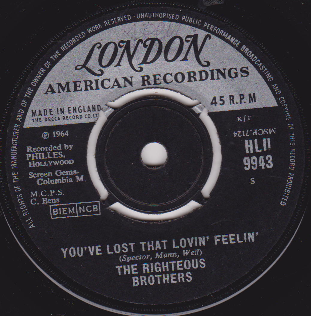 Record label of a London American Recordings 45 RPM record by The Righteous Brothers.