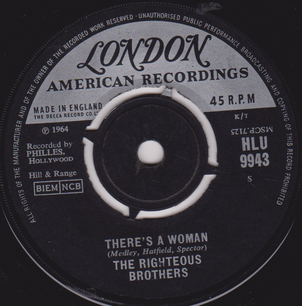 Record label for a London American Recording featuring The Righteous Brothers' 'There's a Woman'.