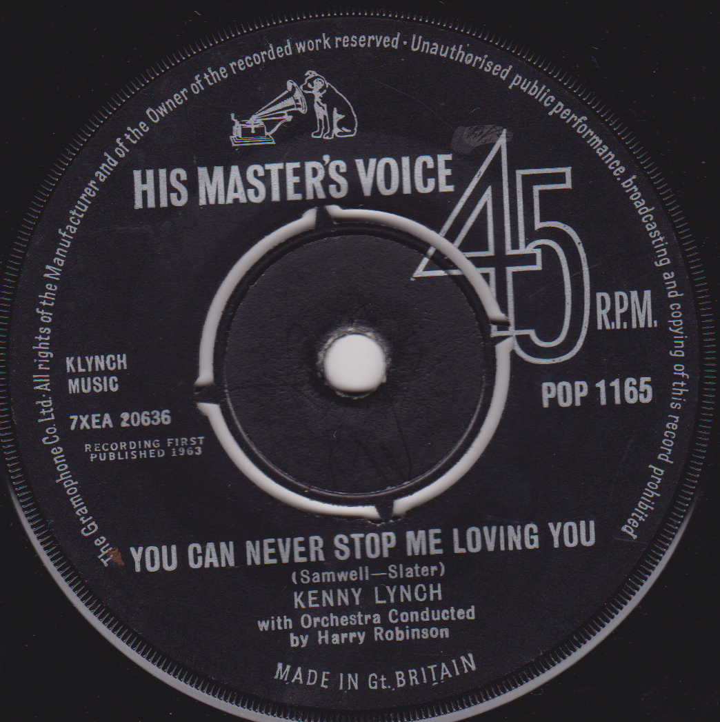 Record label from a vinyl record with 'His Master's Voice' branding and song details.