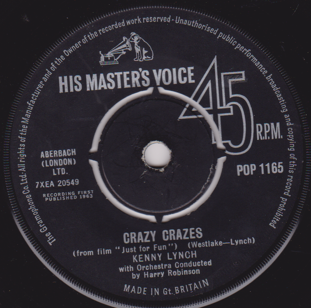 Record label with 'His Master's Voice' logo and text about a music track by Kenny Lynch.