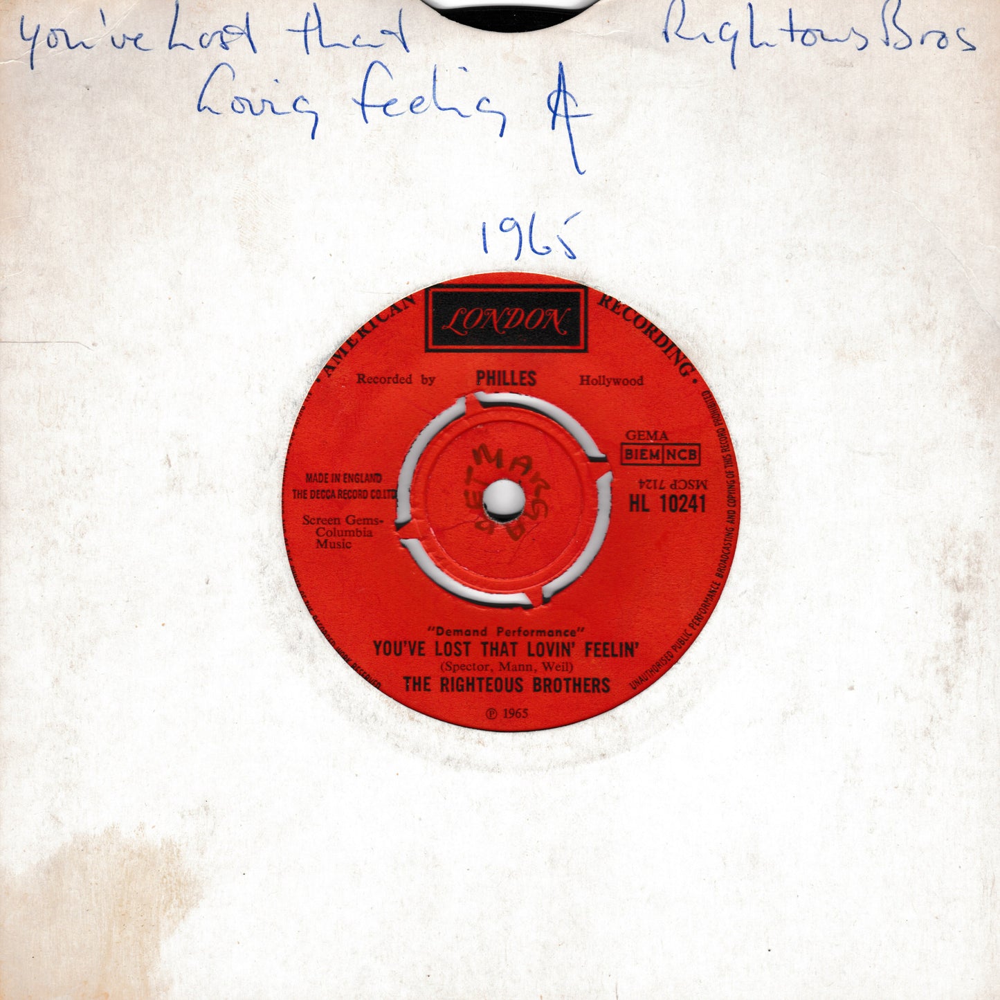 The Righteous Brothers – You've Lost That Lovin' Feelin' / Unchained Melody 7" vinyl single G+/-