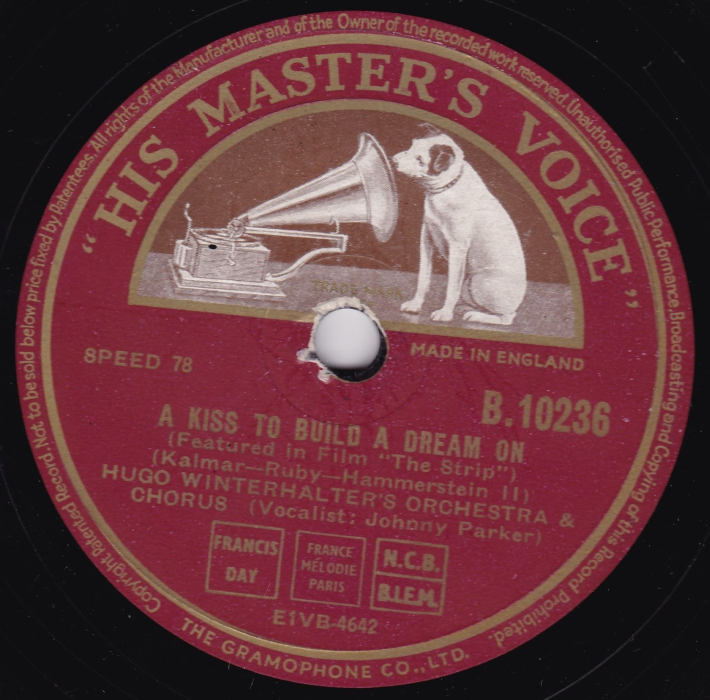 Hugo Winterhalter's Orchestra - A Kiss To Build A Dream On (1952) 10" shellac VG