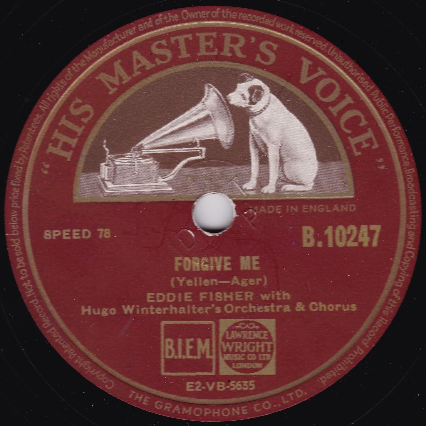 Eddie Fisher ‎– Trust In Me / Forgive Me (HMV 1952) 10" shellac VG/-