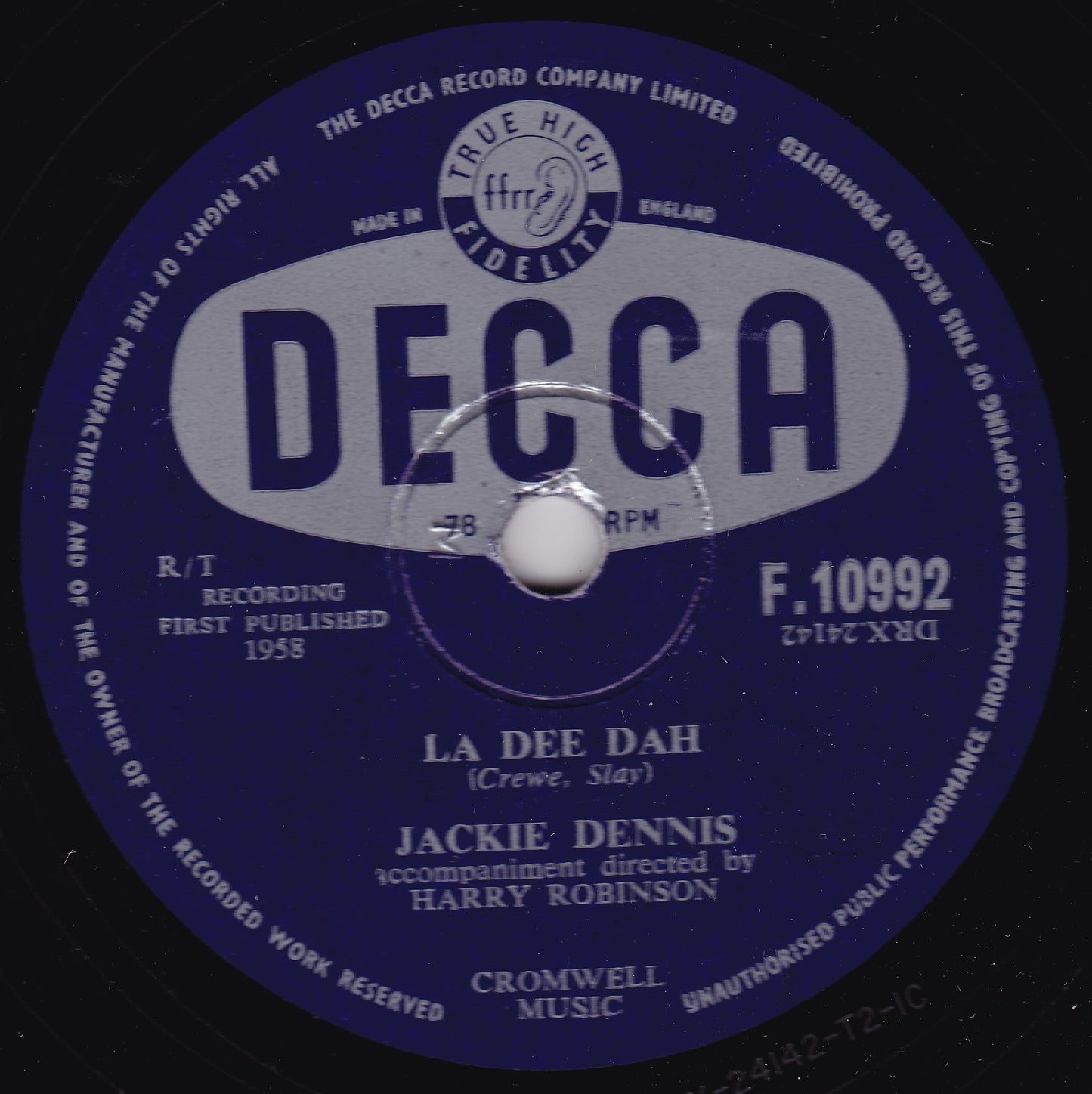 Jackie Dennis ‎– La Dee Dah (Decca 1958) 10" shellac VG/-