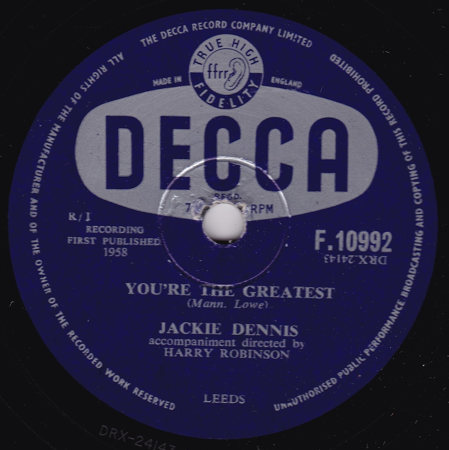 Jackie Dennis ‎– La Dee Dah (Decca 1958) 10" shellac VG/-