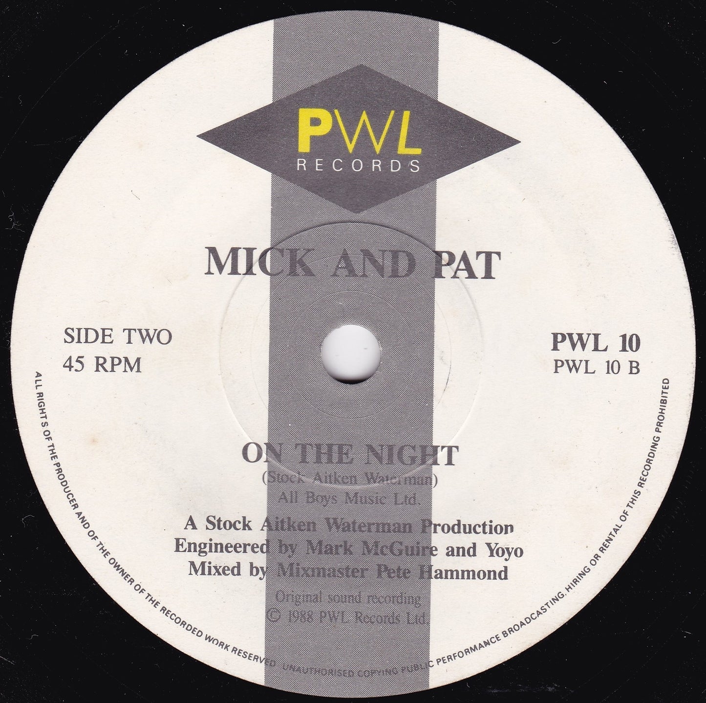 Pat & Mick – Let's All Chant (PWL, 1988) 7" vinyl single VG/-