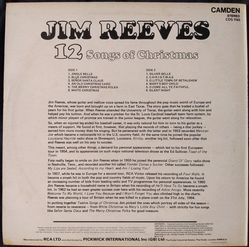 Jim Reeves - 12 Songs Of Christmas LP