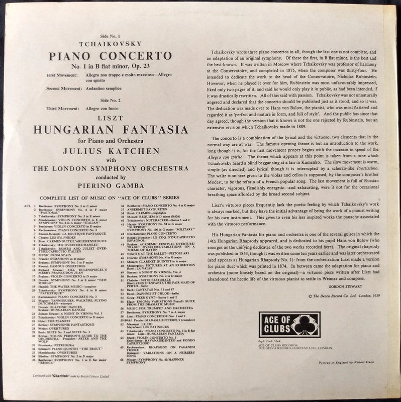 Tchaikovsky - Piano Concerto No. 1 / Liszt - Hungarian Fantasia LP