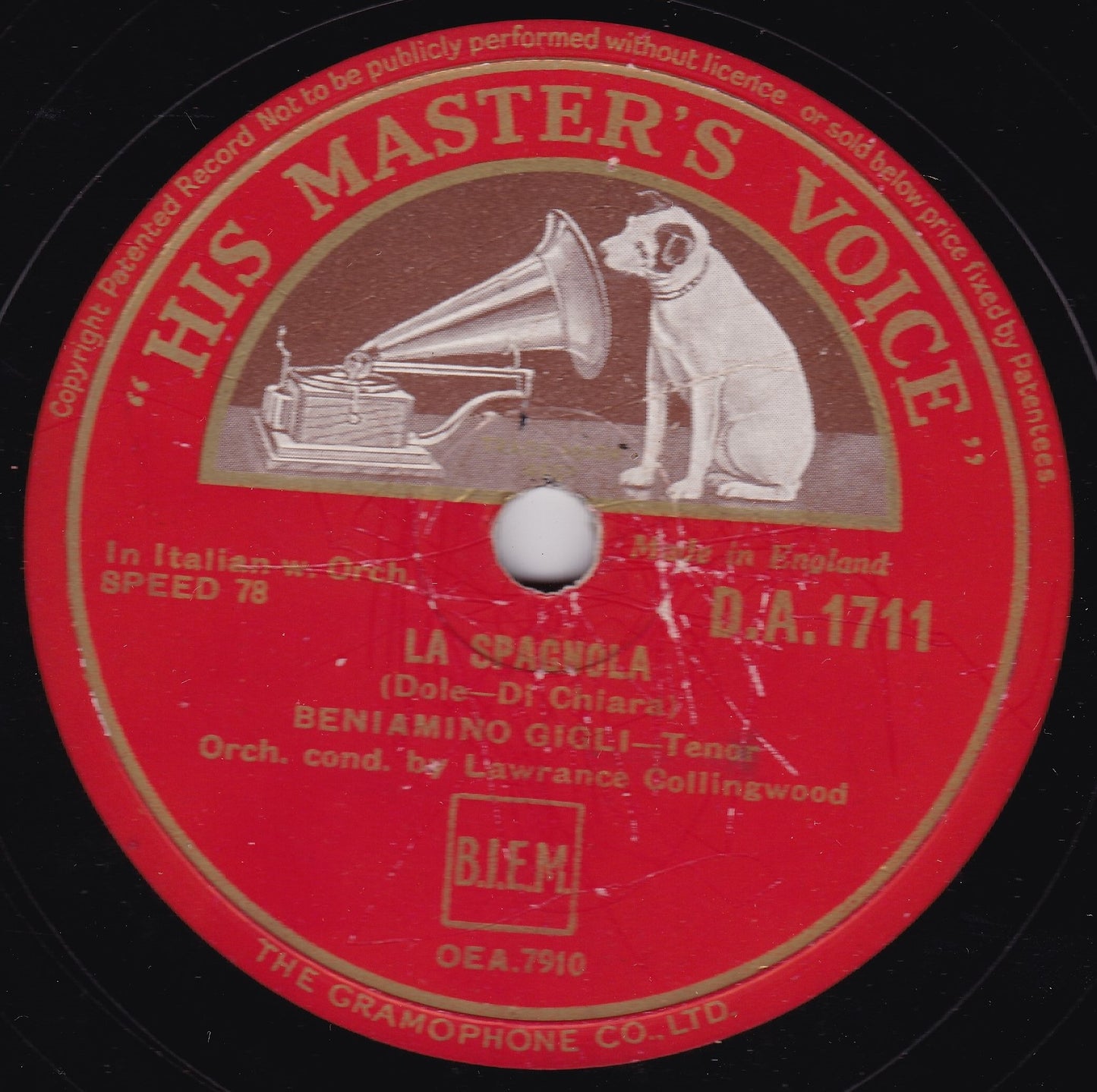 Beniamino Gigli ‎– La Paloma / La Spagnola (HMV 1939) 10" shellac VG/-