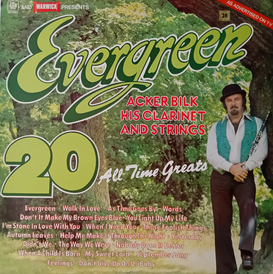 Album cover of 'Evergreen' by Acker Bilk featuring a man with a clarinet and trees in the background.