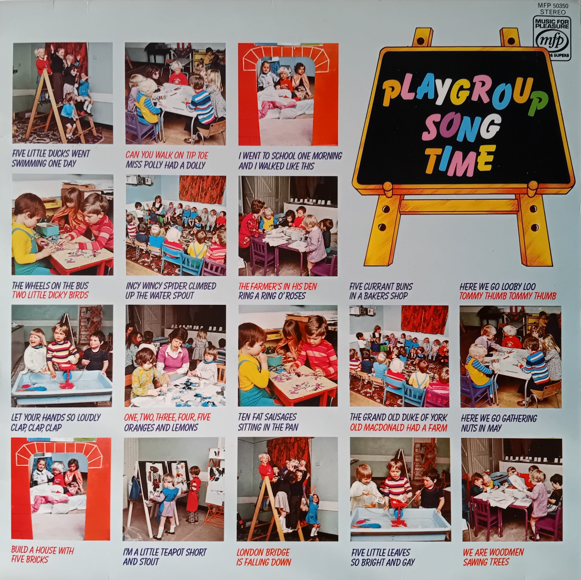 Children's educational sleeve with lyrics and illustrations of nursery rhymes, featuring a blackboard at the top with 'Playgroup Song Time' text.