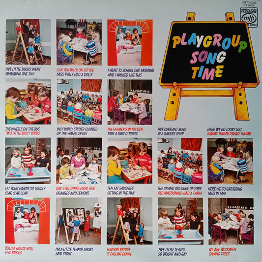 Children's educational sleeve with lyrics and illustrations of nursery rhymes, featuring a blackboard at the top with 'Playgroup Song Time' text.