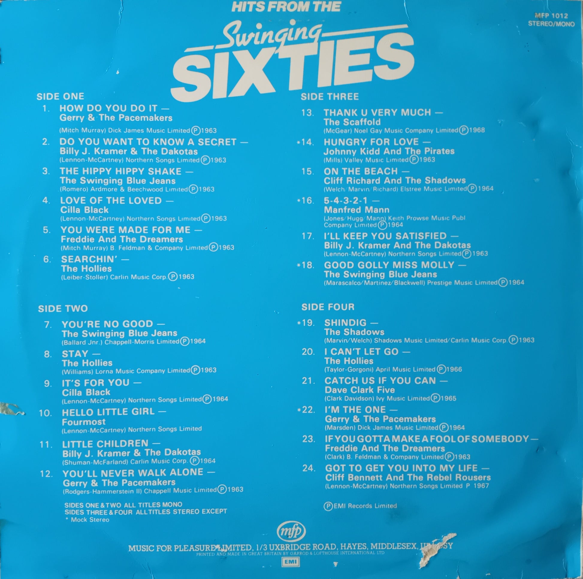 Back cover of a vinyl record with tracklist on a blue background