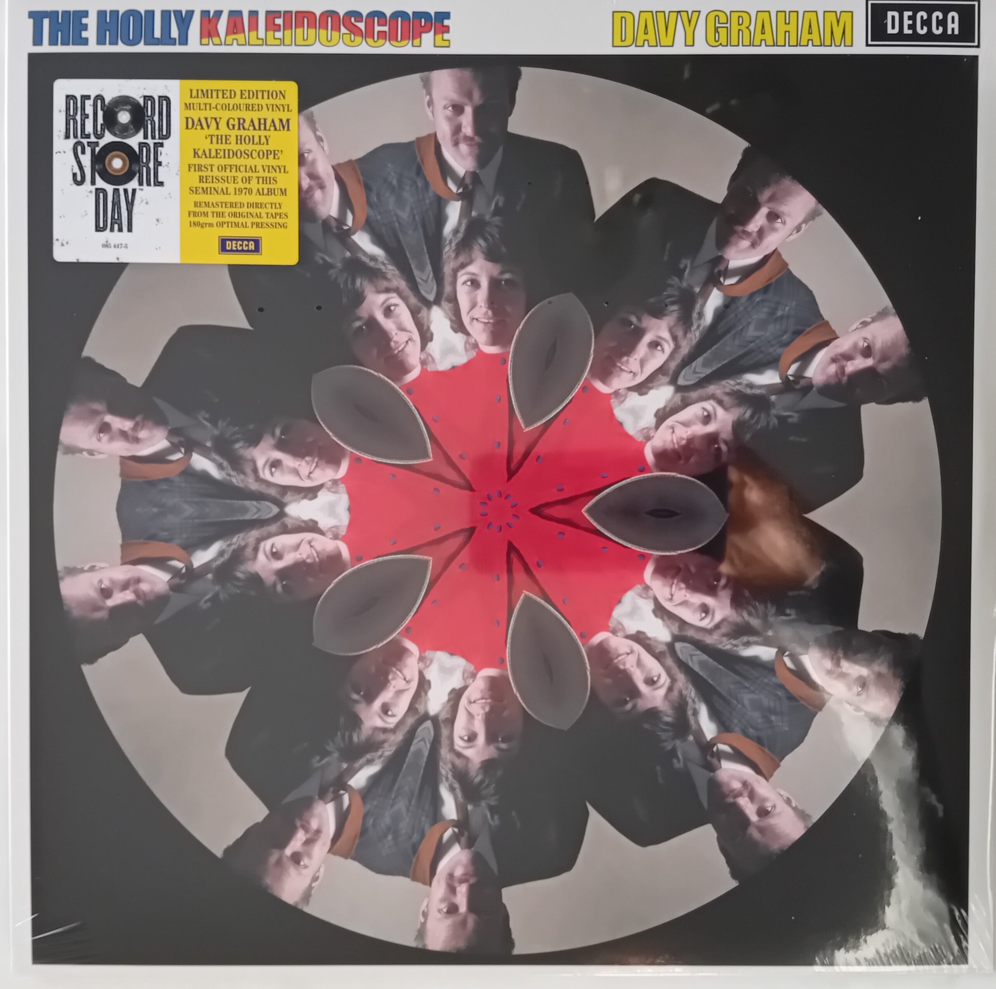 Album cover for 'The Holly Kaleidoscope' by Davy Graham with a red center and people's faces arranged in a circular pattern.
