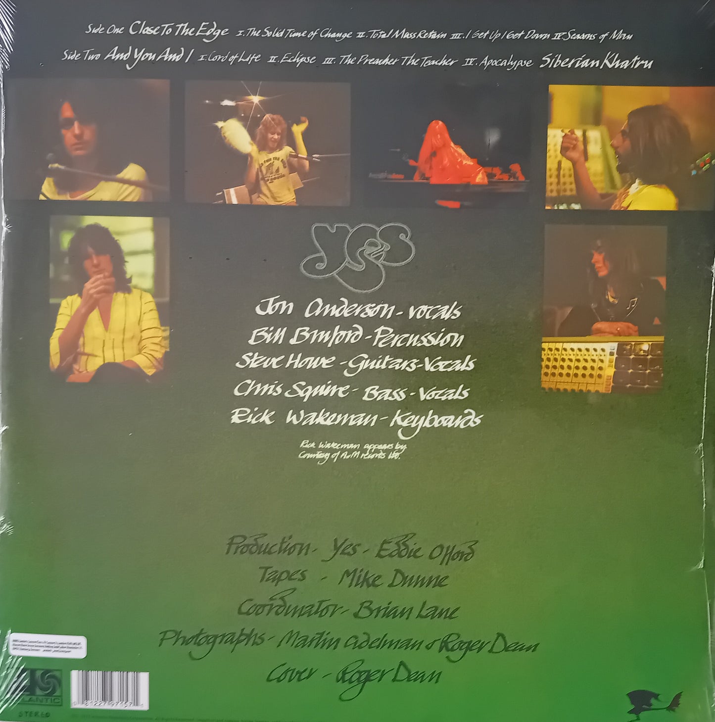 Back cover of a music album with band members' names and production credits on a green background.