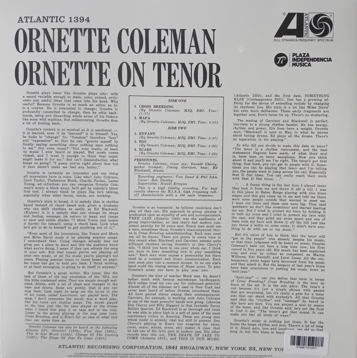 Back cover of an album by Ornette Coleman with text and logos.