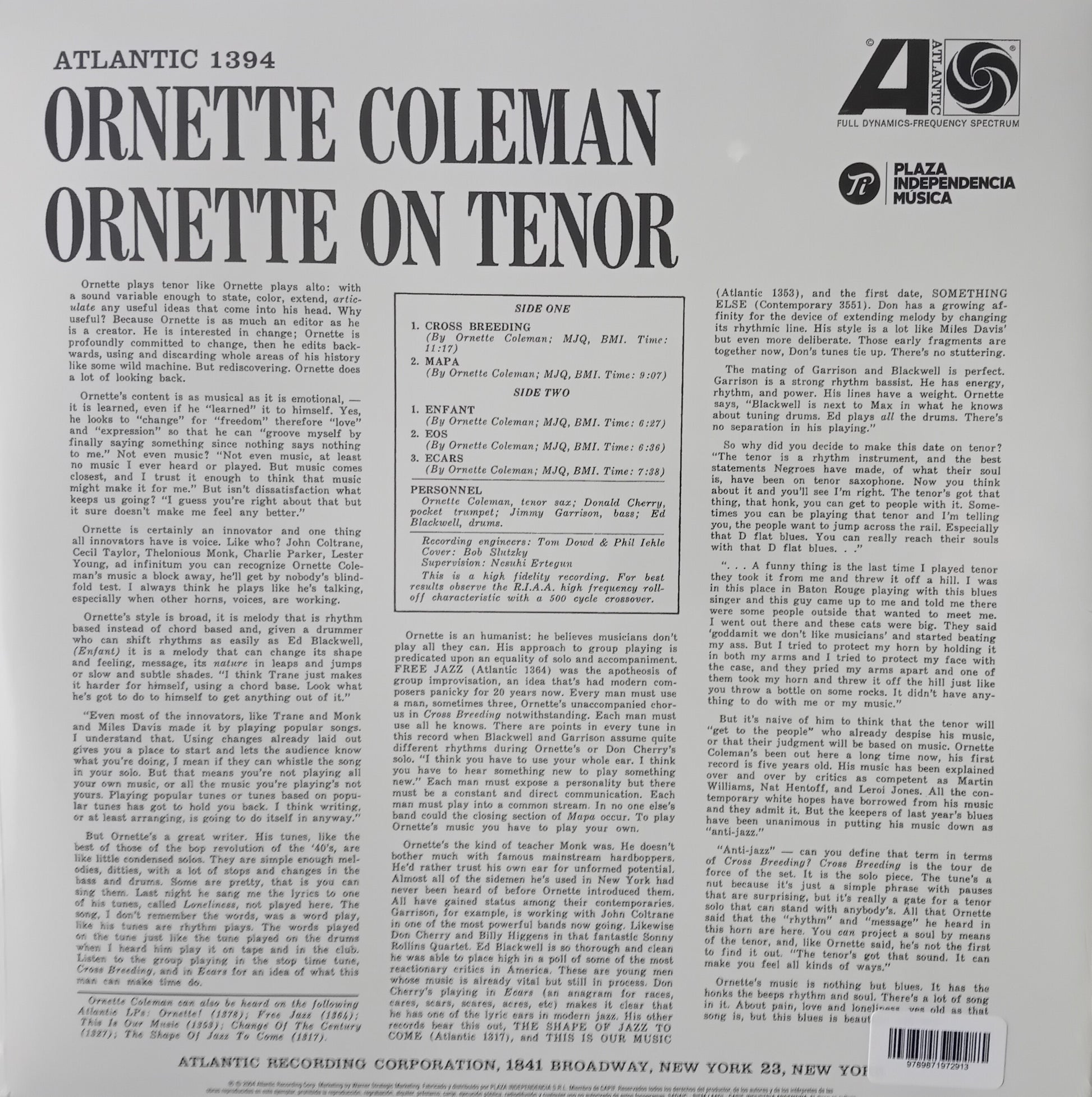 Back cover of an album by Ornette Coleman with text and logos.