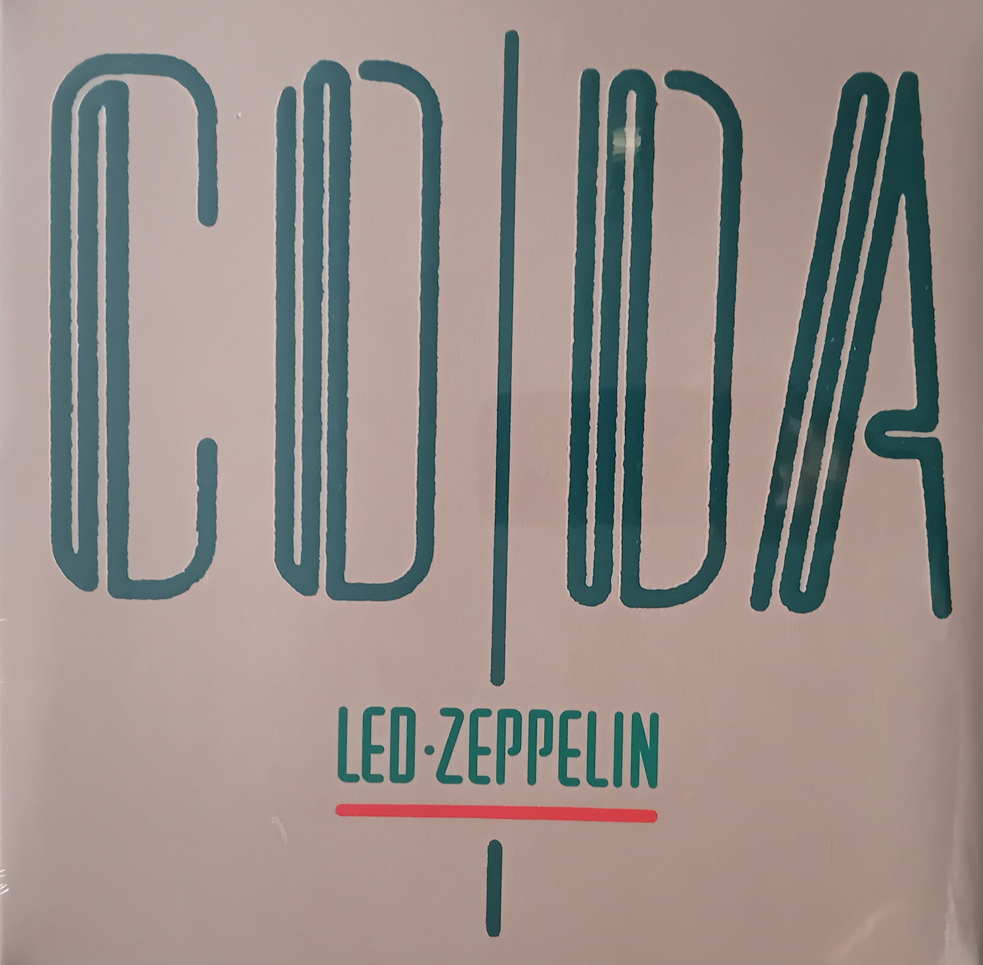 Album cover with 'Coda' by Led Zeppelin in green text on a beige background