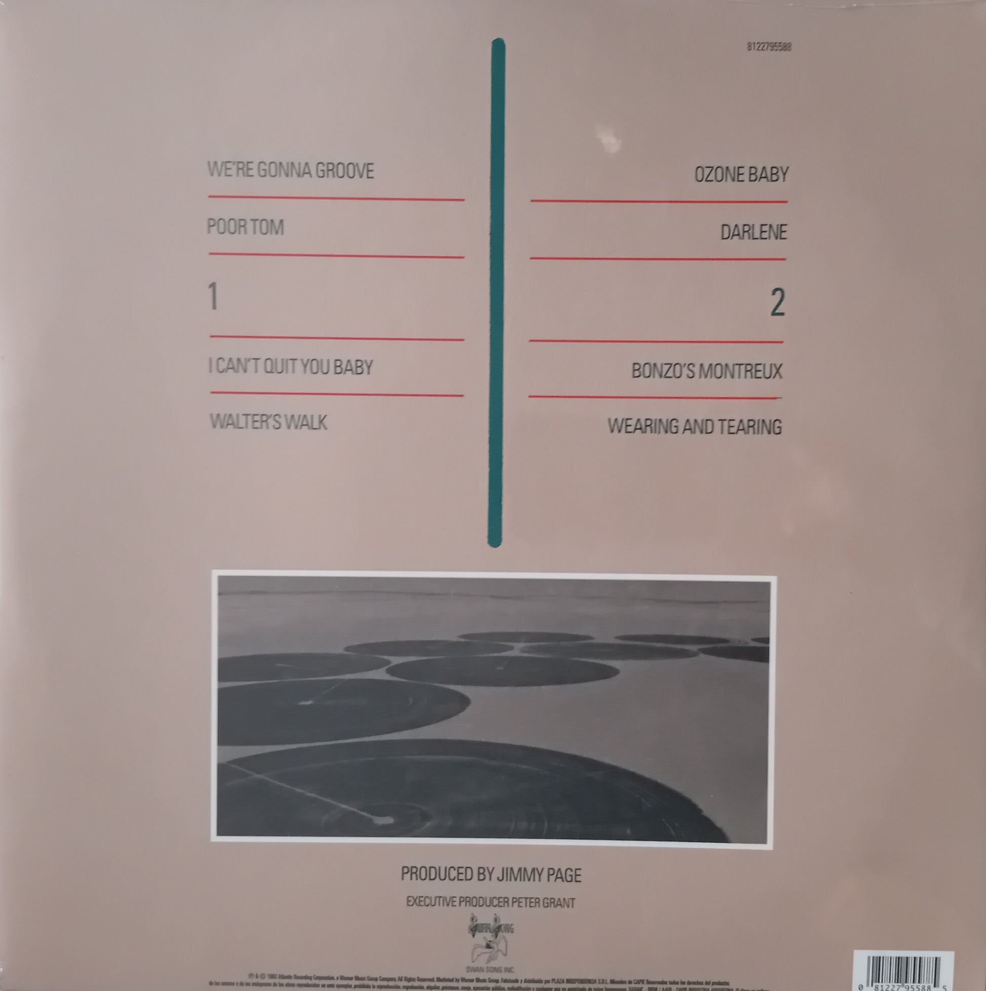 Back cover of a vinyl record with track listings and a small image of a road.