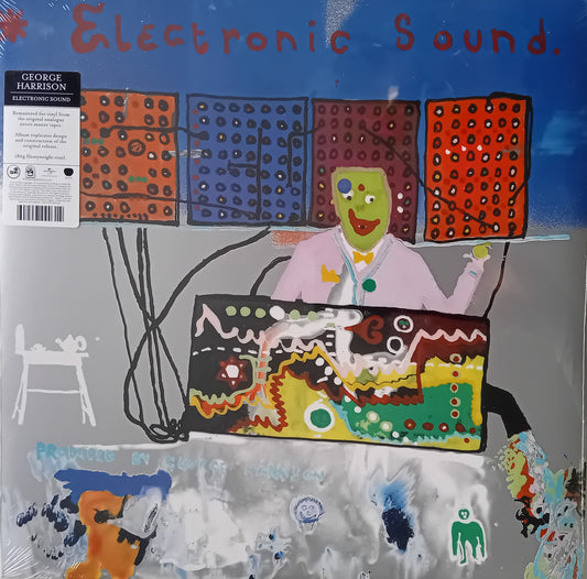 Vinyl record cover with colorful artwork and text 'Electronic Sound' by George Harrison.
