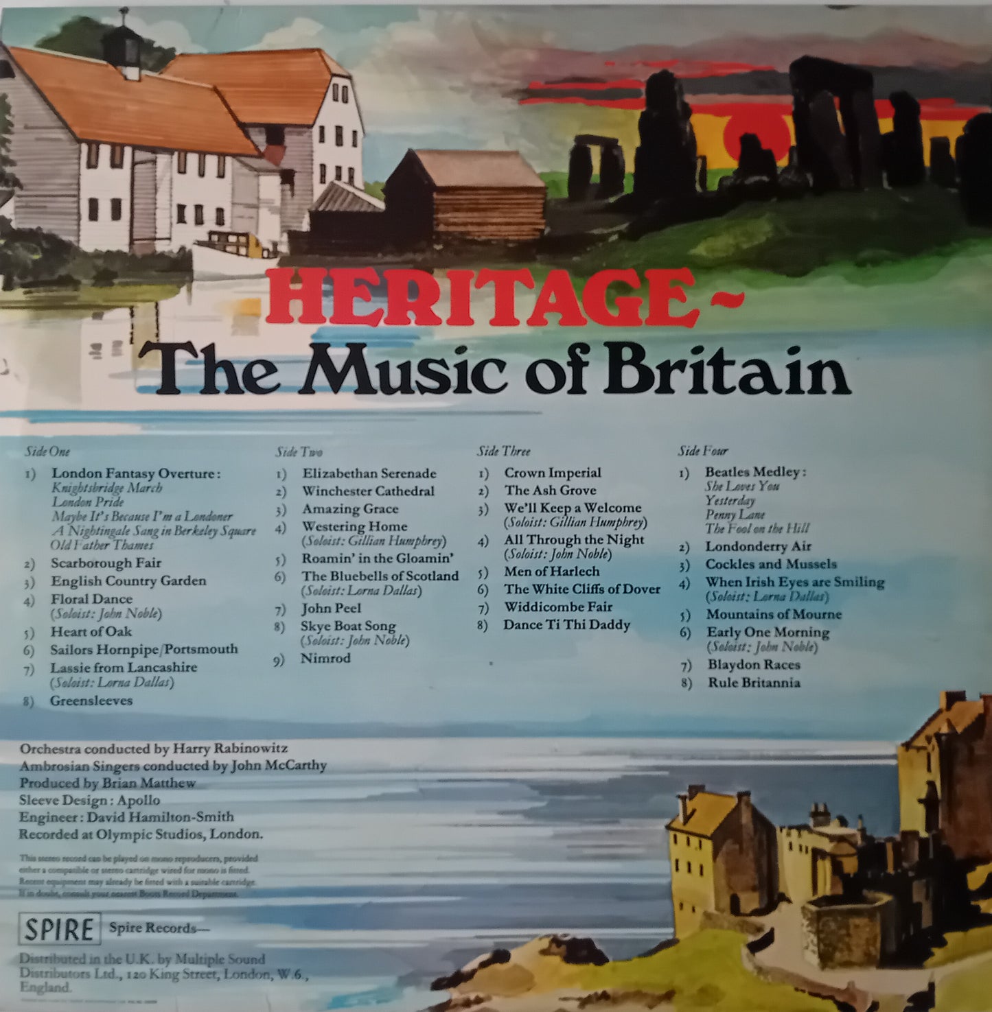 Album cover for 'Heritage: The Music of Britain' with scenic illustrations and text.