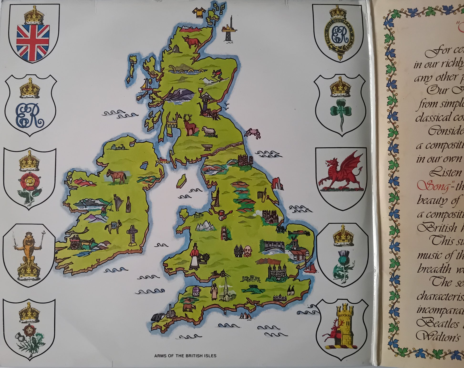 Map of the British Isles with illustrations and coat of arms on a white background