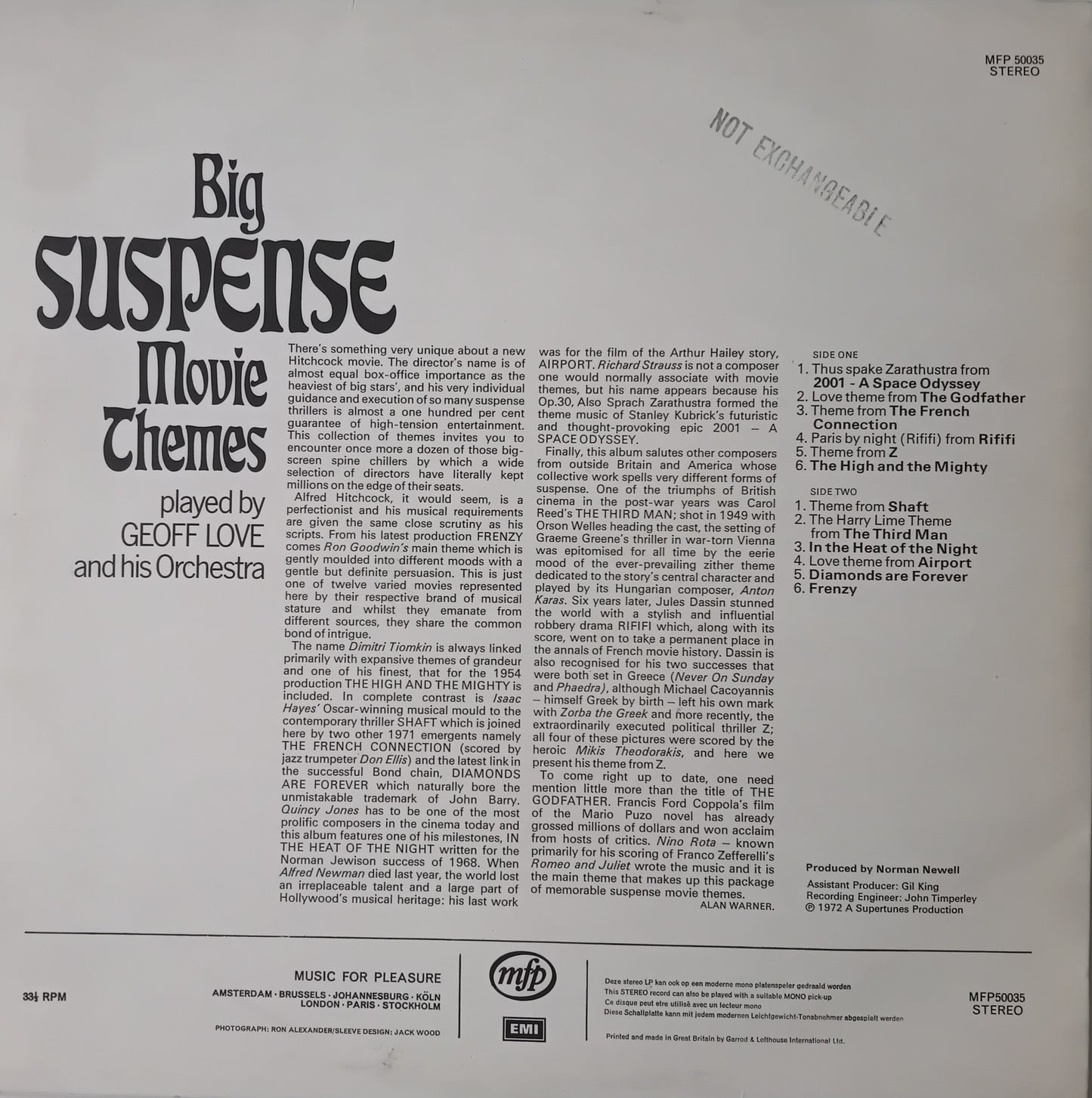 Back cover of a vinyl record featuring text about movie themes and orchestra, with a white background.
