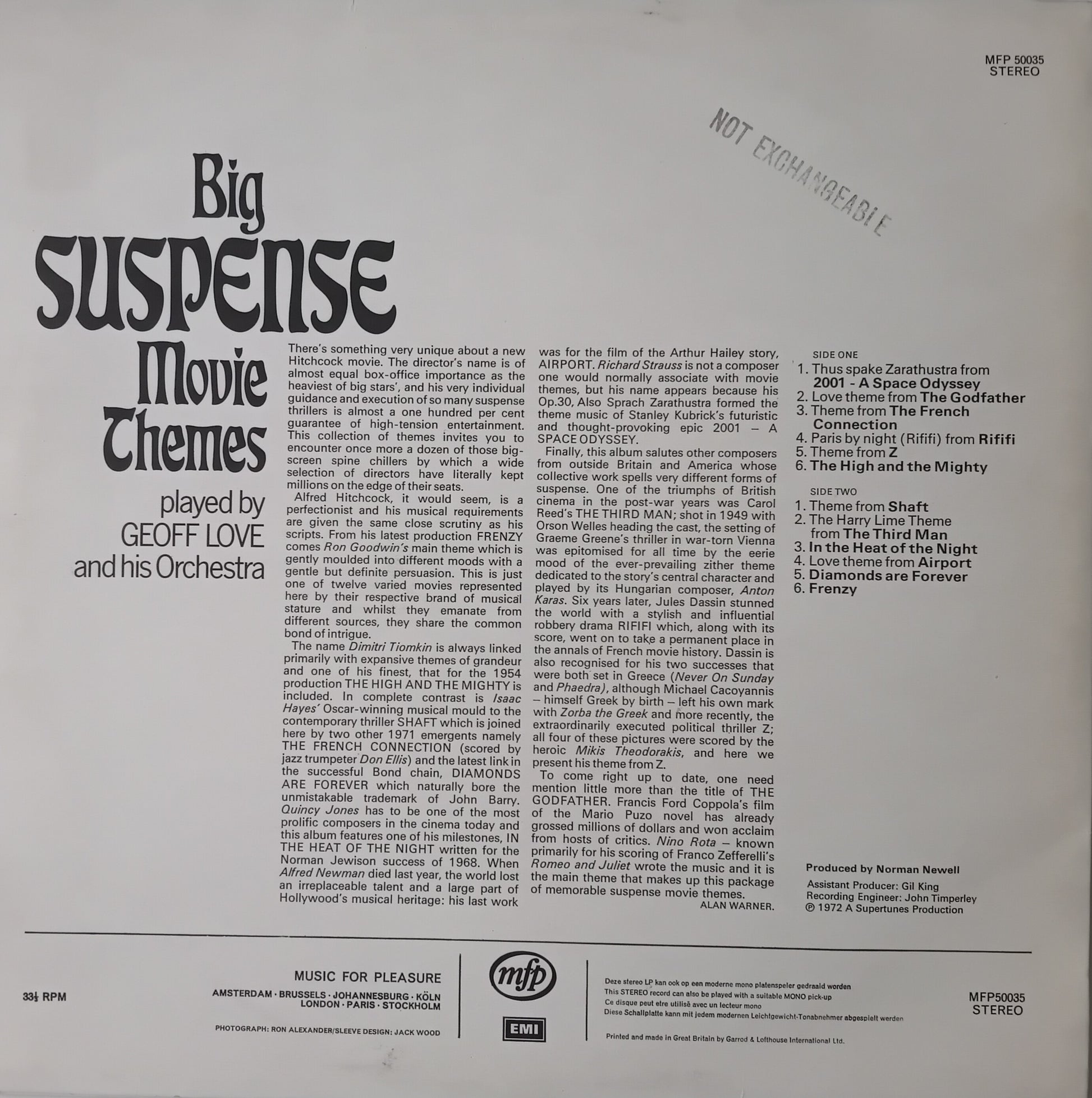 Back cover of a vinyl record featuring text about movie themes and orchestra, with a white background.