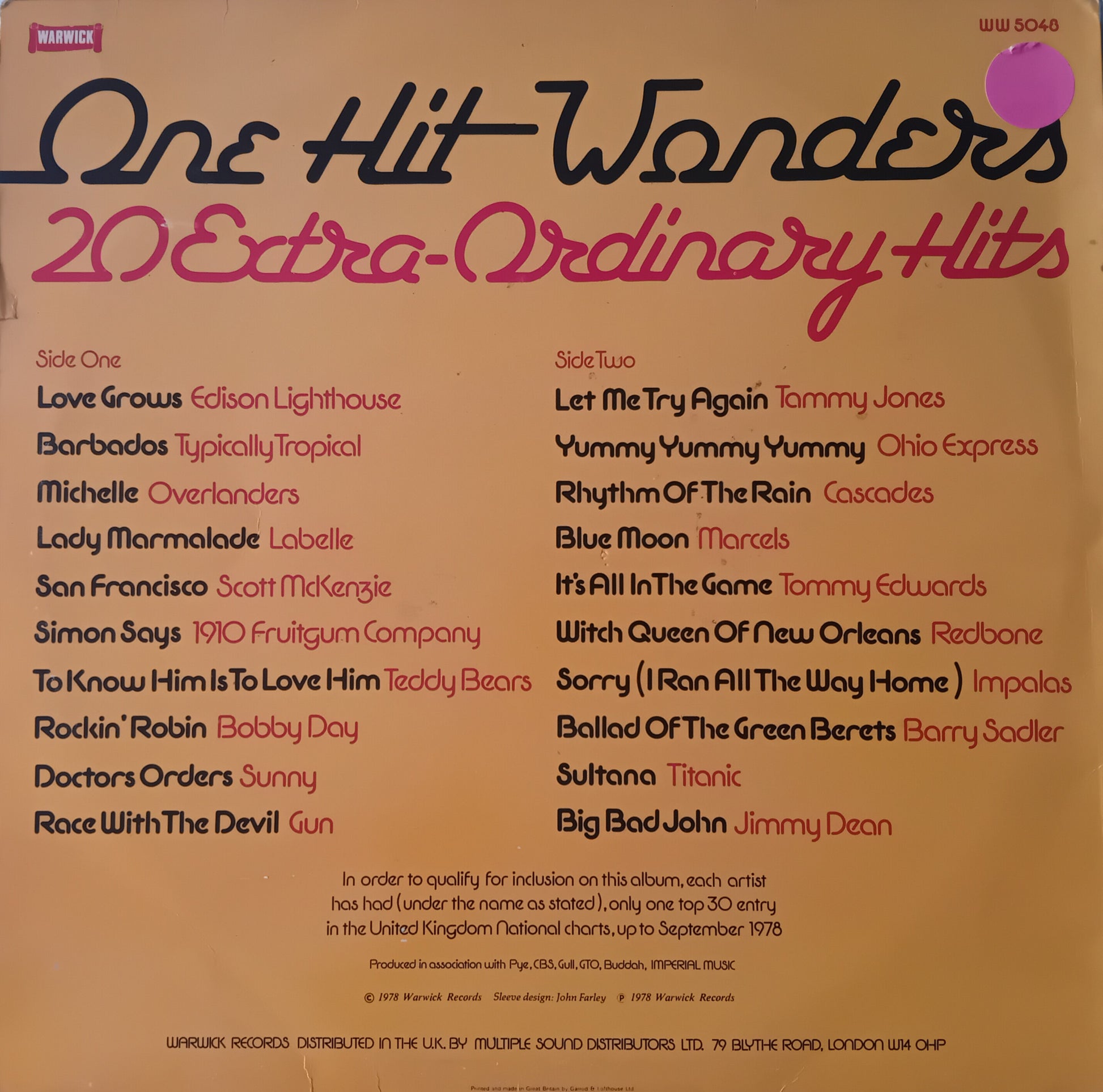Album cover for 'One Hit Wonders: 20 Extra-Ordinary Hits' with track list on a brown background