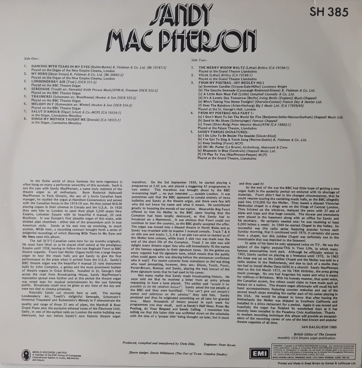 Sandy MacPherson ‎– I'll Play To You (World 1980) 12" vinyl LP VG/VG