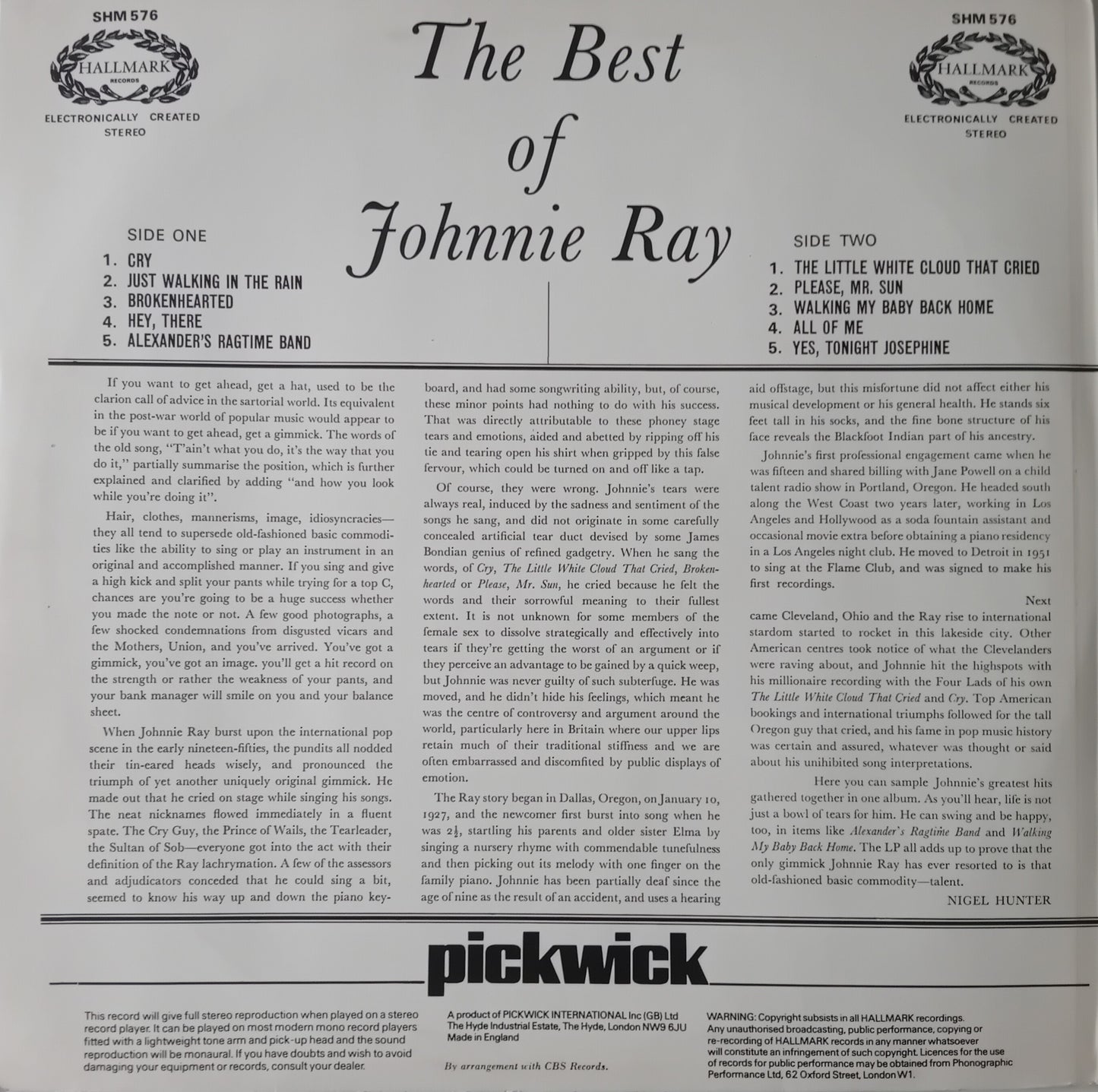 Back cover of a vinyl record featuring 'The Best of Johnnie Ray' with text and album branding.