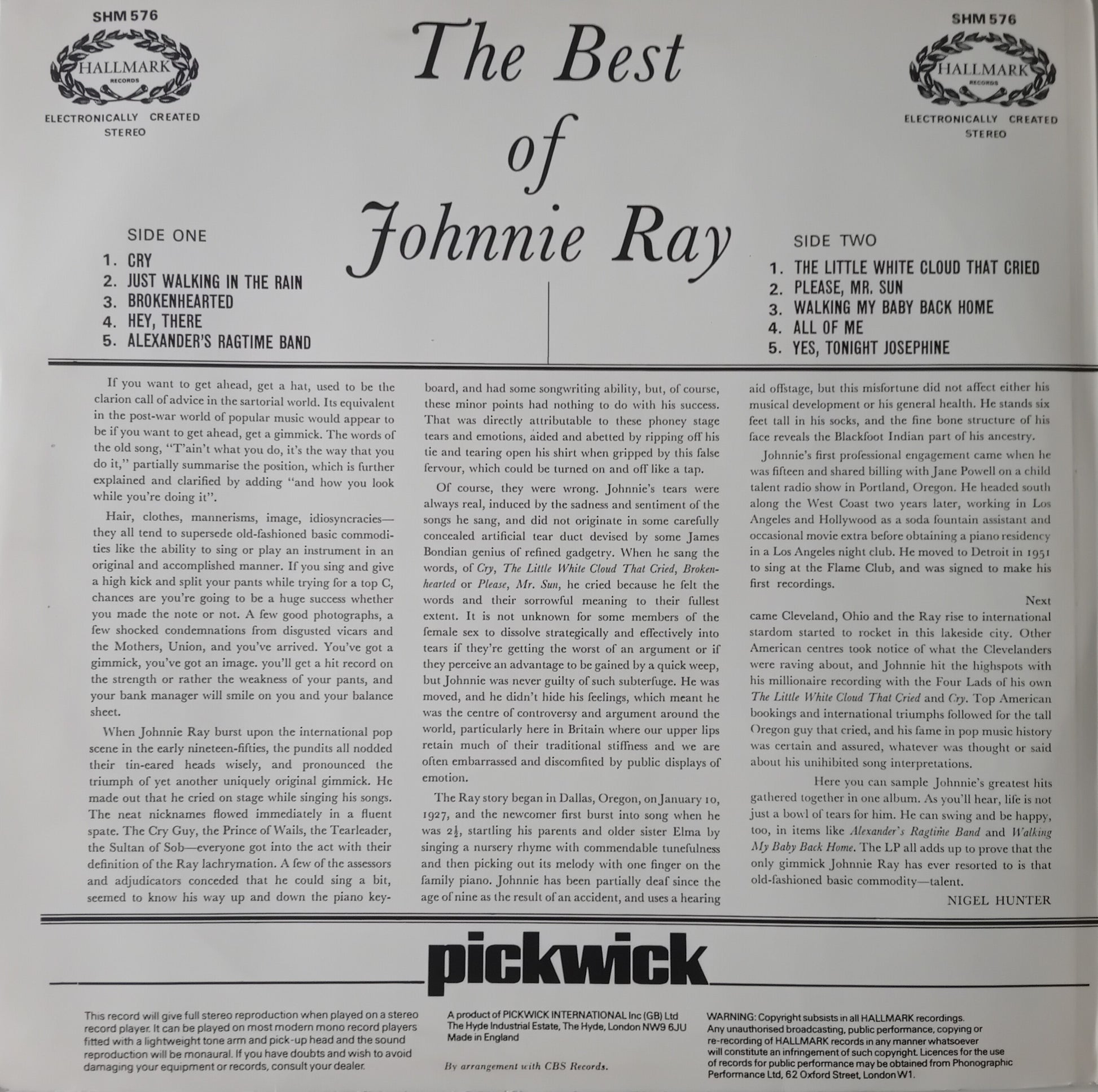 Back cover of a vinyl record featuring 'The Best of Johnnie Ray' with text and album branding.