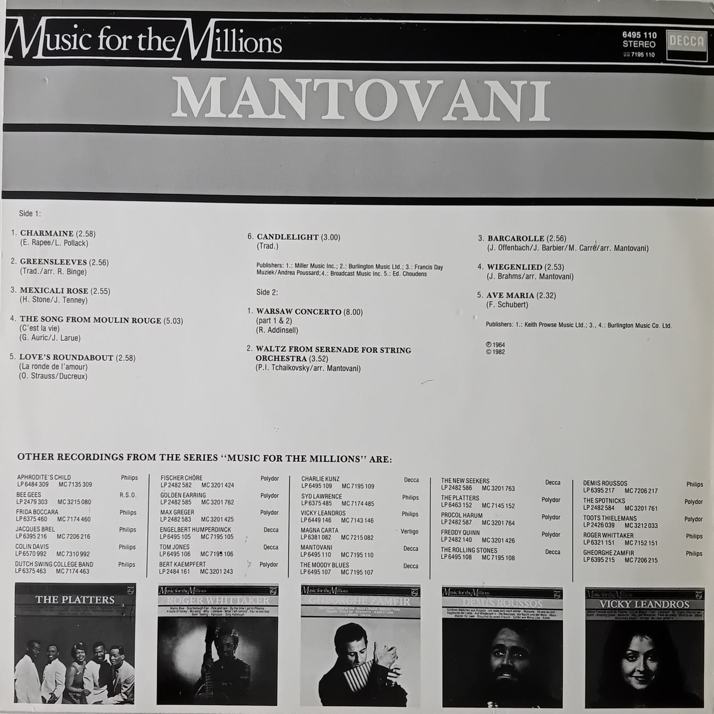 Back cover of a Mantovani album with tracklist and promotional images.
