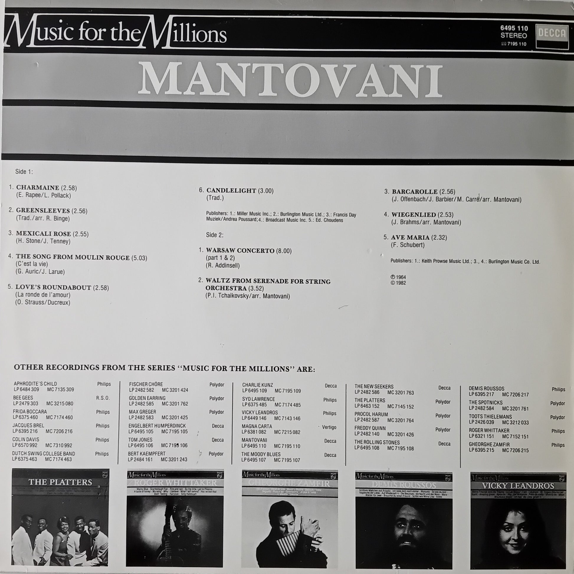 Back cover of a Mantovani album with tracklist and promotional images.