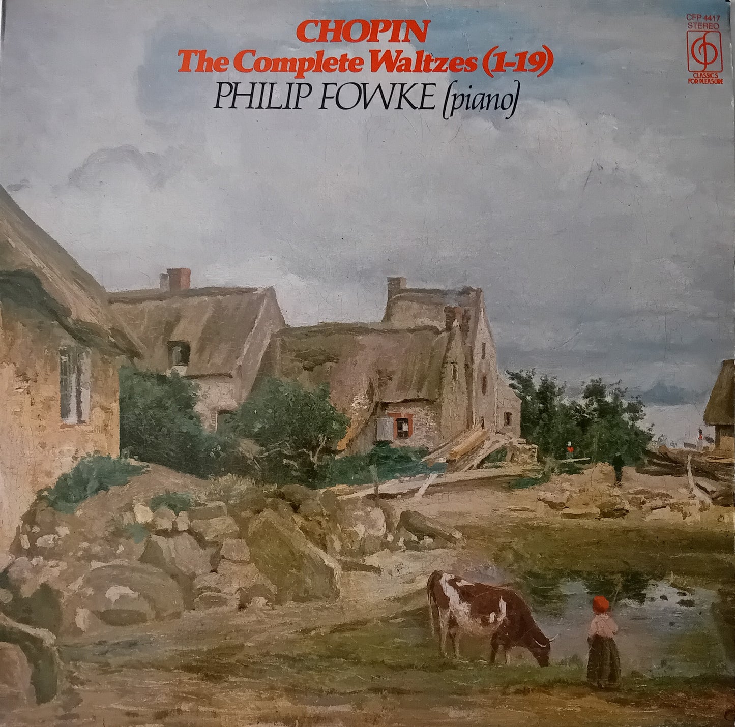 Album cover with a painting of a village scene and text about Chopin's waltzes.