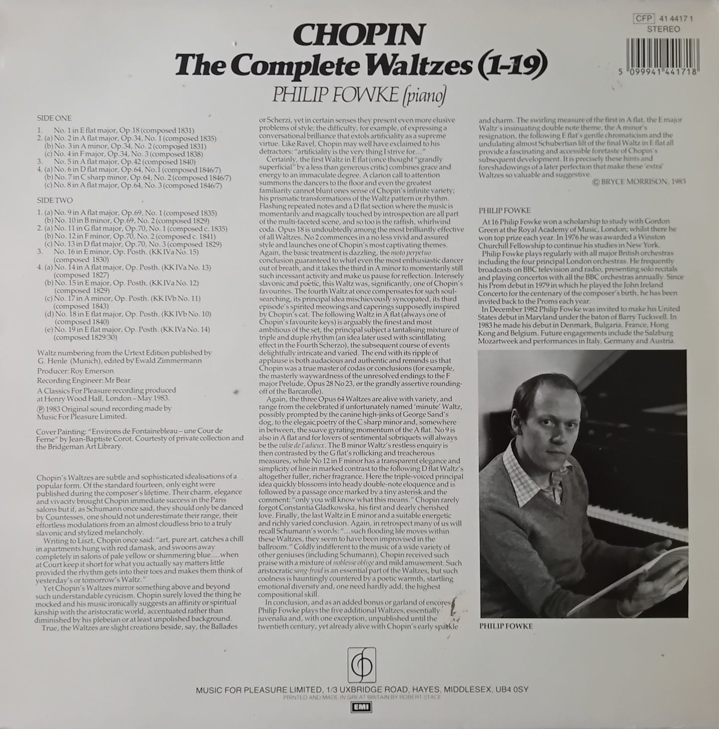 Back cover of a music album featuring Chopin's complete waltzes with a portrait of a pianist.